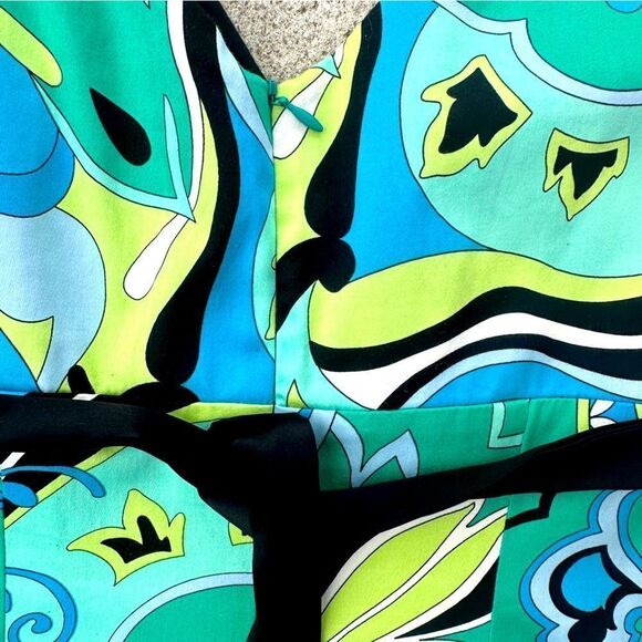 KAREN KANE BLUE GREEN DRESS RETRO 70’s LOOK ZIP UP RIBBON WAIST FULLY LINED SZ 8 - Picture 3 of 5